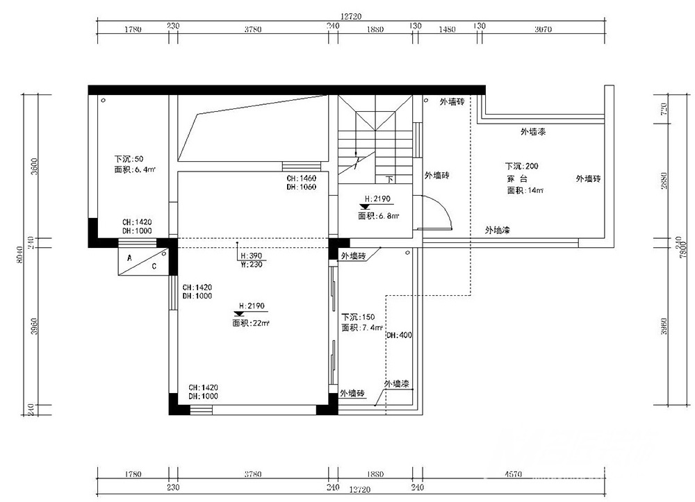 别墅装修设计美式轻奢风格-顶层平面图 别墅装修设计美式轻奢风格-顶层平面图